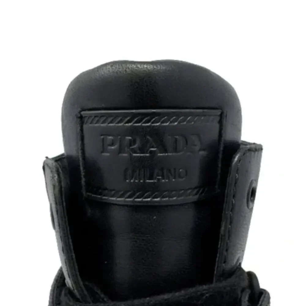 Prada Boots Moto Combat LOGO Ankle Lug Sole Platform Heels‎ Black Shoes 38.5